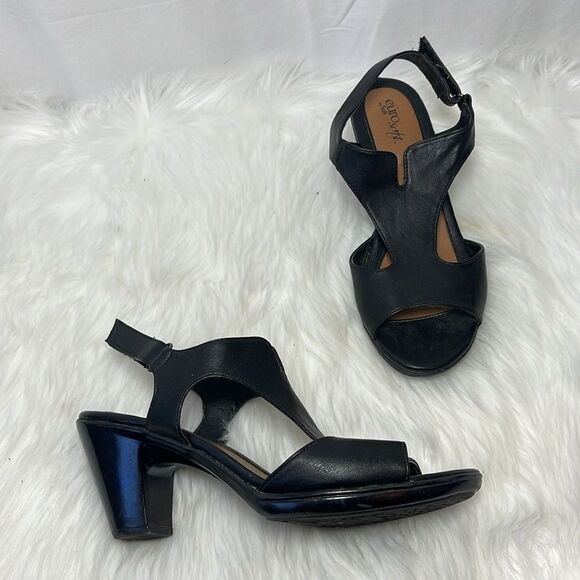 Euro Soft By Soft Valente Black Leather Heeled Sandals Sz 10 WIDE WIDTH - Picture 1 of 6